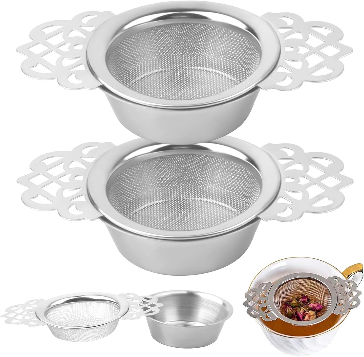 Set van 2 RVS Theefilters met Druppelschalen - Ideaal voor Losse Thee, Koffie en Infusies - 7 cm Mesh Theefilters met Handvatten voor een Perfecte Thee-ervaring