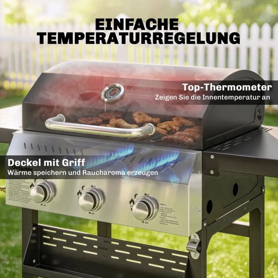 Gasbarbecue - Gasbarbecue en grill - 3 Branders - 9 kW - Grillwagen - Barbecuewagen - met Grillrooster, Wielen, Inklapbaar Bijzettafels, Thermometer, Onderste Plank, 6 Haken en Warmhoudplaten - 123 x 57 x 102 cm - Zwart — afbeelding 5