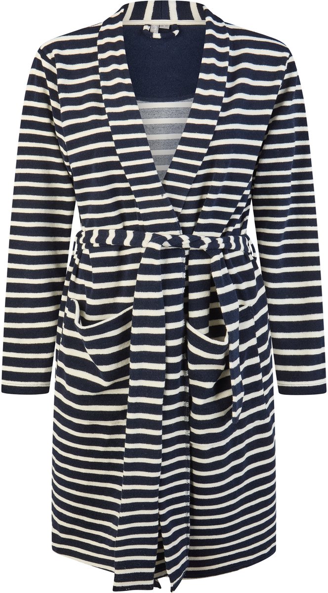 By Louise Dames Badjas Badstof Met Trekkoordsluiting Donkerblauw/Wit Gestreept - Maat L