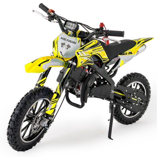 Gele mini crossmotor met zwarte en witte accenten, met startmotor en trekstarter.