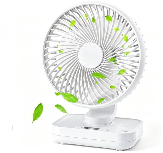 Kleine tafelventilator wit USB oplaadbaar 4 snelheden 13u fluisterstil 20dB oscillerend wandmontage slaapkamer kantoor
