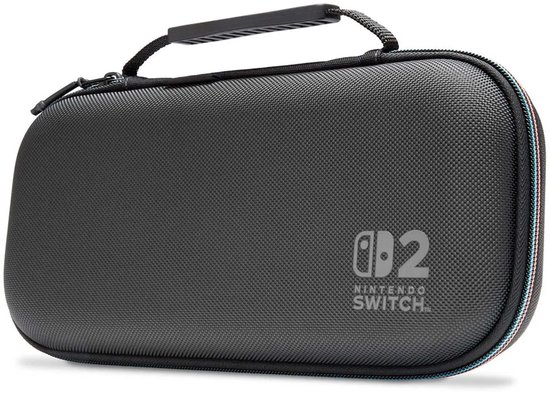 Zwarte Nintendo Switch hoes, gesloten, met gekleurde biezen.