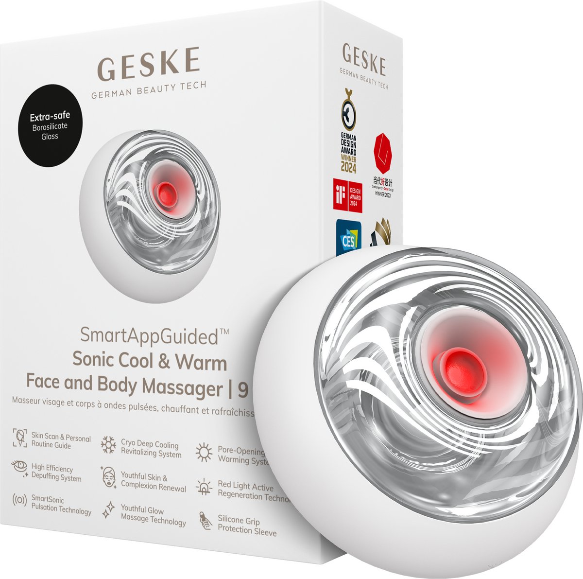 GESKE SmartAppGuided™ Sonic Cool & Warm Face & Body Massager | 9 in 1 | Massageapparaat | Gezicht & Lichaam | Batterijloos koelen en warmen | Verstevigt en ontspant | Met SmartSonic-pulsatie