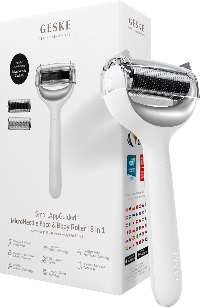 GESKE | SmartAppGuided™ MicroNeedle Face & Body Roller | 8 in 1 | Elektrische dermaroller | Microneedling | Microneedling-apparaat | Naaldrol | Naaldroller | Schoonheidsroller voor gezicht en lichaam