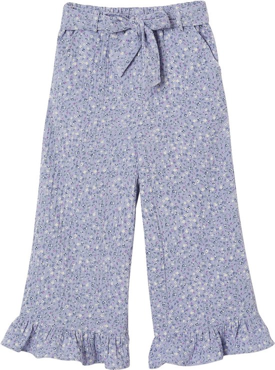 Korte broek voor meisjes met ruches van katoenen gaas blauw, bedrukt