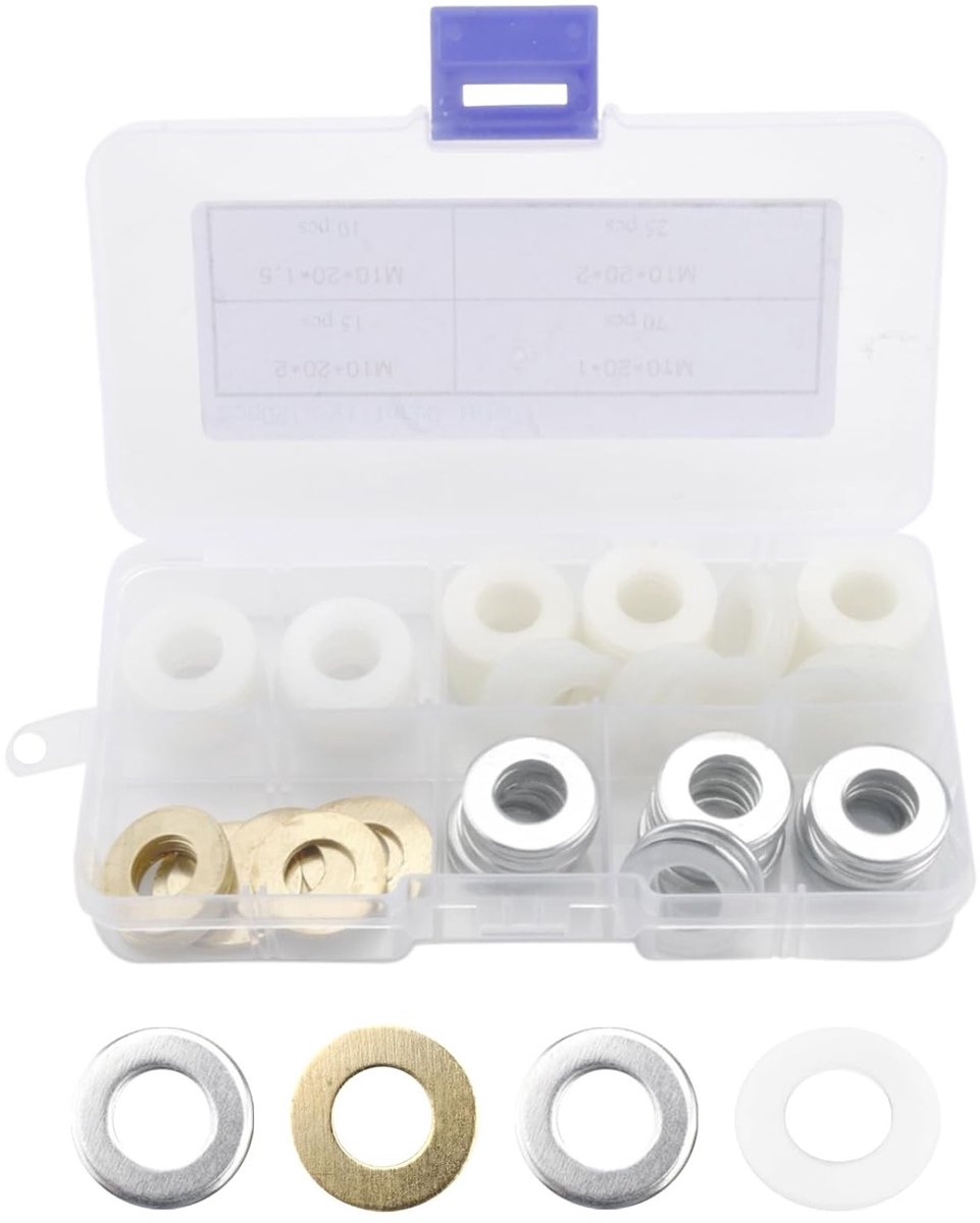 Assortiment van 120 stuks ringen, doorvoerringen Ø10 x 20 x 1 mm / Ø10 x 20 x 2 mm / Ø10 x 20 x 1.5 mm, massief messing, gegalvaniseerd, plastic montageringen, slijtvast en duurzaam