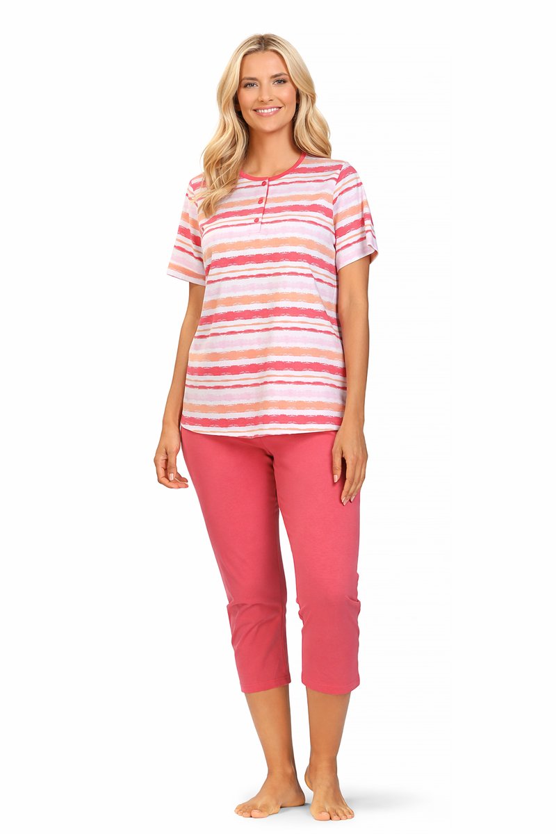 Comtessa Dames Pyjama – 7/8 Broek – Korte Mouw – Roze Gestreept – 100% Katoen Roze, gestreept