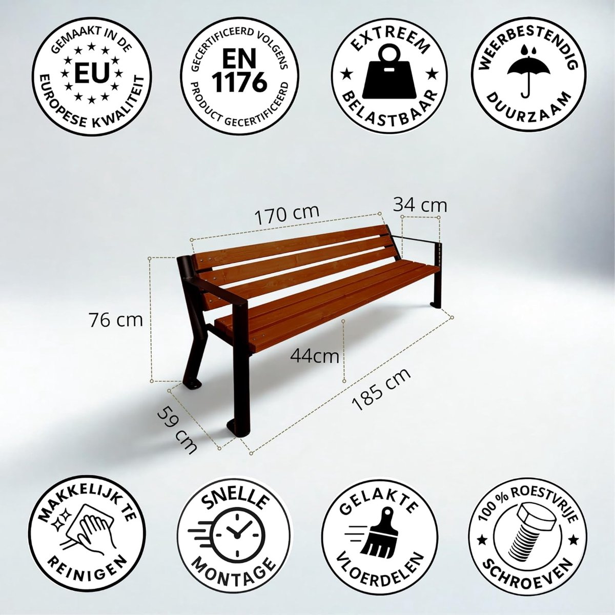 Tuinbank 185 x 59 x 76 cm – Robuuste Houten & Stalen Buitenbank 4 Personen – Weerbestendig Scandinavisch Vurenhout & Gegalvaniseerd Gepoedercoat Staal – Parkbank Terrasbank Mahonie – Mobili Bella