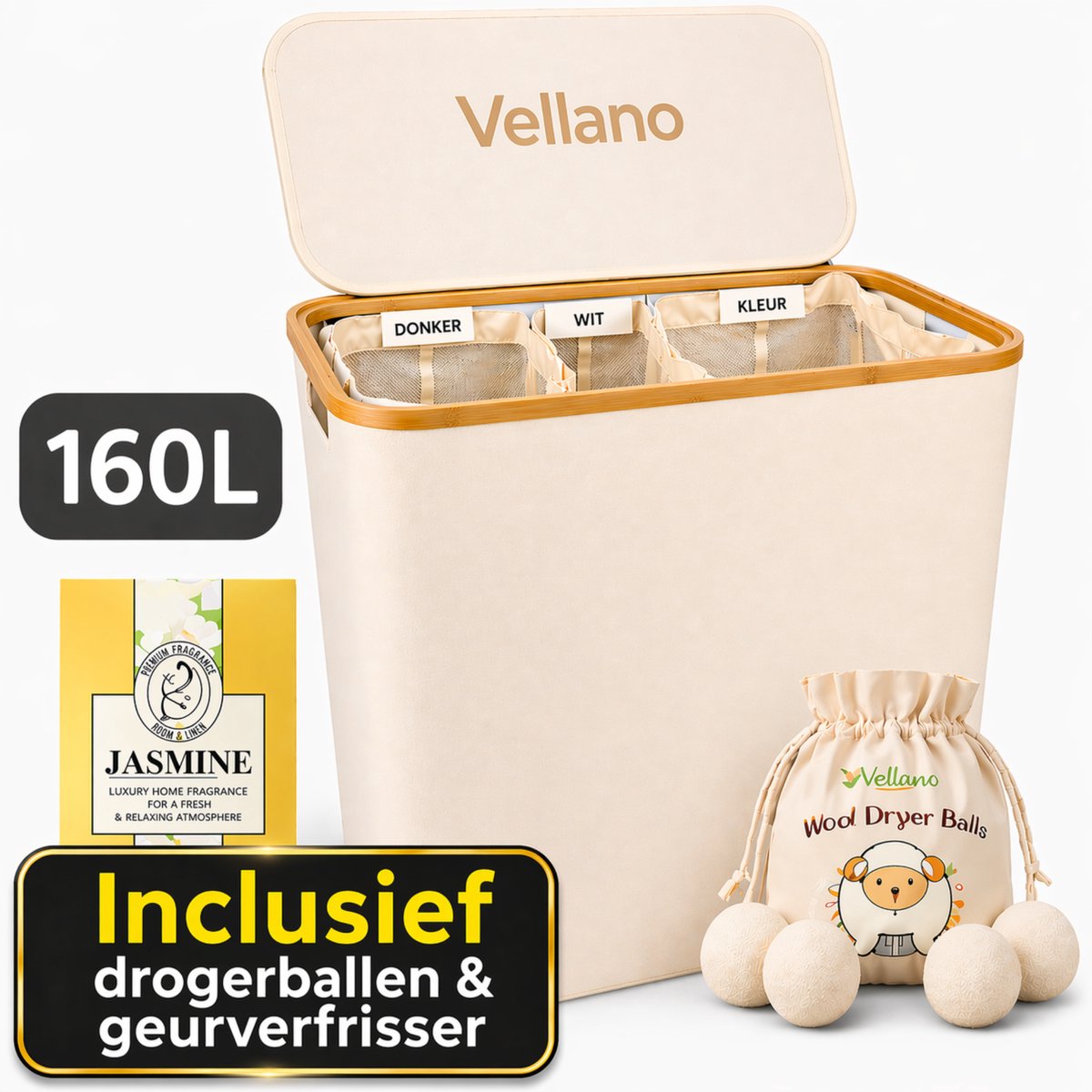 Vellano Wasmand 3 Vakken – Wassorteerder met Deksel – 160L – 3 Uitneembare Waszakken – Bamboe Frame – Incl. Drogerballen & Jasmijn Geurverfrisser