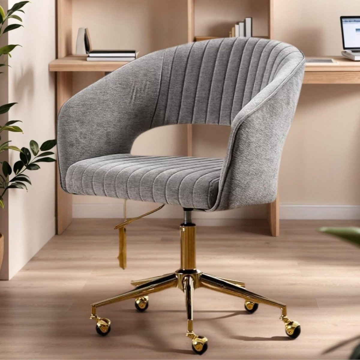 Bureaustoel Verstelbaar met Wielen - Chenille Draaistoel met Armleuningen, Open Rug Home Office Stoel Beige - 60x57x76 cm - Vermissen