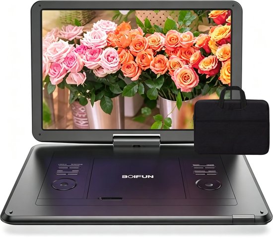 Boifun 17,5" draagbare dvd-speler met 15,6" groot HD-scherm, 6 uur oplaadbare batterij, ondersteuning voor USB/SD-kaart/Sync TV en meerdere schijfformaten, luidspreker met hoog volume, met handtas