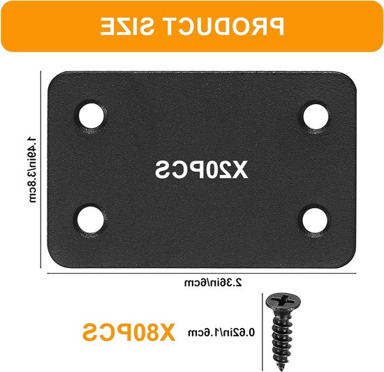Set van 20 platte rechte herstelplaten, bevestigingsplaten voor meubels, roestvrijstalen steun voor reparaties (60x38mm, zwart) — afbeelding 5