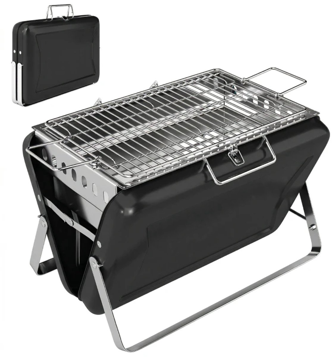 Premie Houtskool Barbecue - Smoker Barbecue - Barbecuegrill - Grillwagen - Houtskoolgrill - Houtskoolgrill met Grillrooster, Handvat en Inklapbare Poten - BBQ voor buiten, tuin & kamperen - 40x28x25,5 cm - Zwart