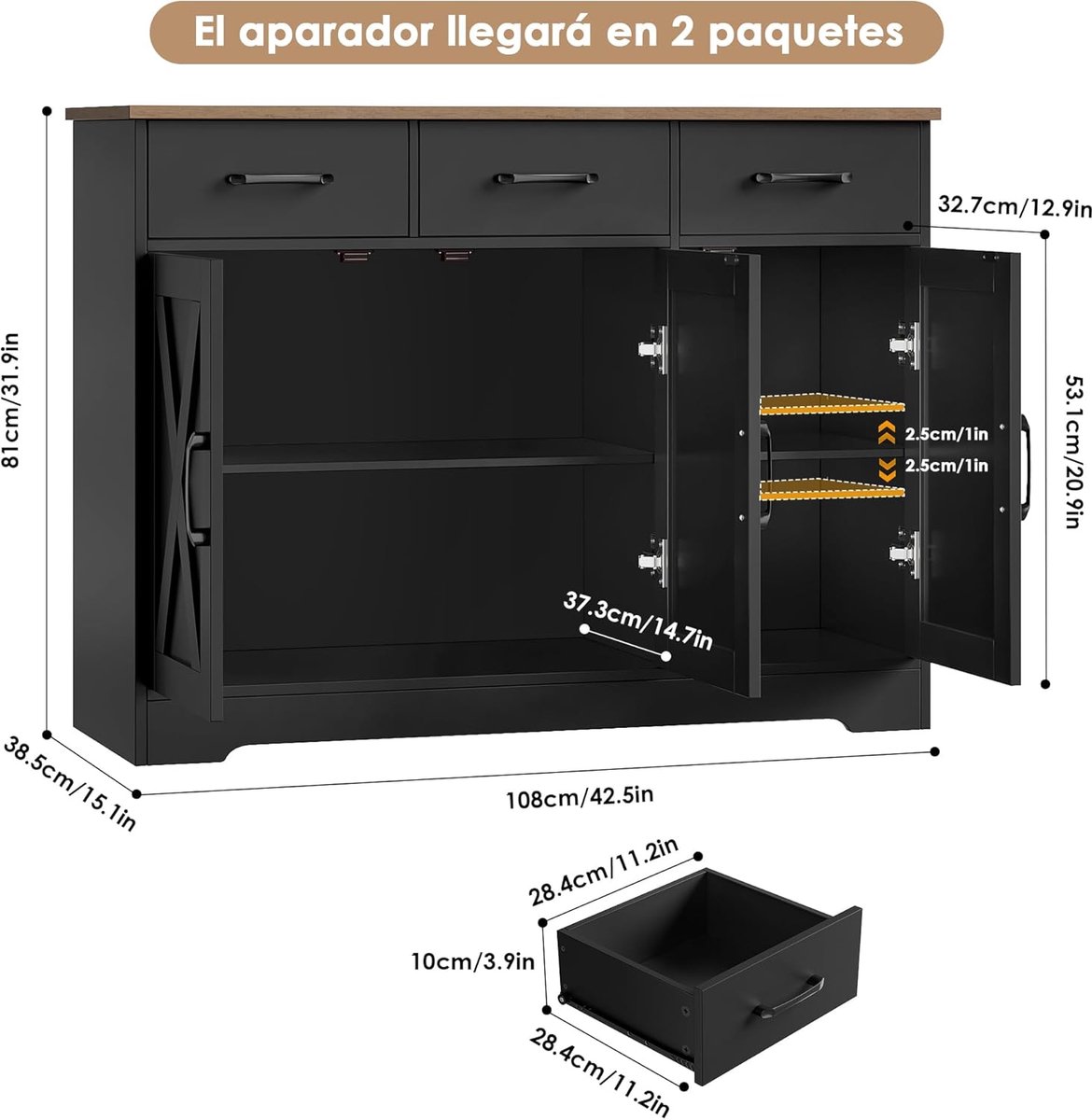 Buffetkast met Werkblad en 3 Laden + 3 Deuren – Keukenkast / Dressoir met Verstelbare Planken & Kantelbeveiliging – 108x38,5x81 cm Zwart/Bruin – ABTKantoor Sideboard Keukenkast