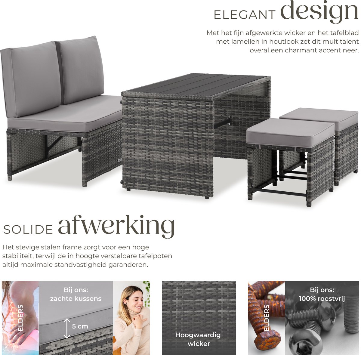 tectake® 2-in-1 Wicker Loungeset - Modulaire Tuinset - Te gebruiken als Tuinbank en Voetenbankjes - Tuintafel - Zitgroep voor 2 of 4 Personen - 110 x 60 cm - Tuinmeubelen - Voor Tuin, Balkon en Terras - Inclusief Kussens - Grijs – foto 4