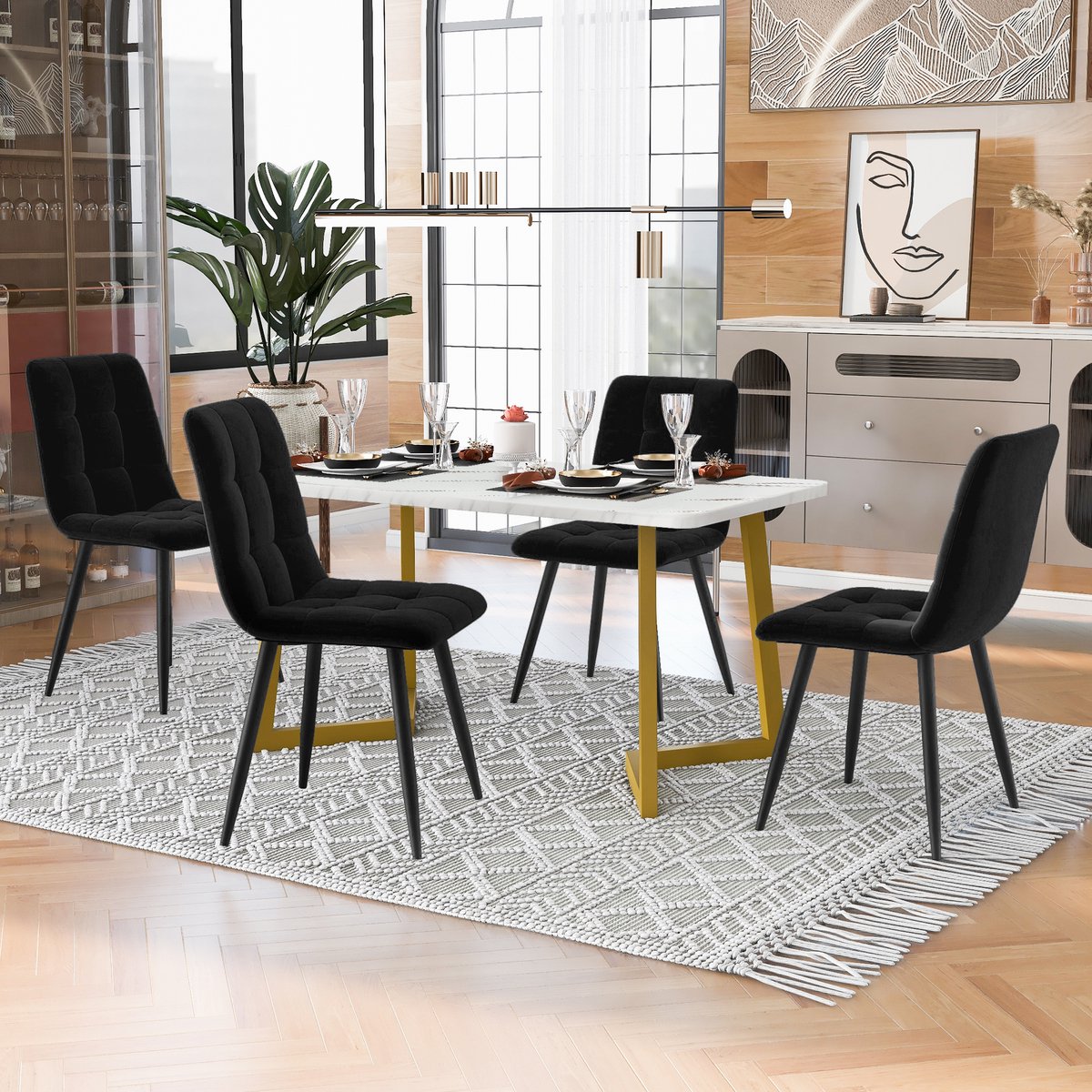 MIVRAY Eettafelset Met 4 Stoelen - Rechthoekige Tafel Met Marmerlook Blad - Voor Keuken En Eethoek - MDF - Goud Zwart