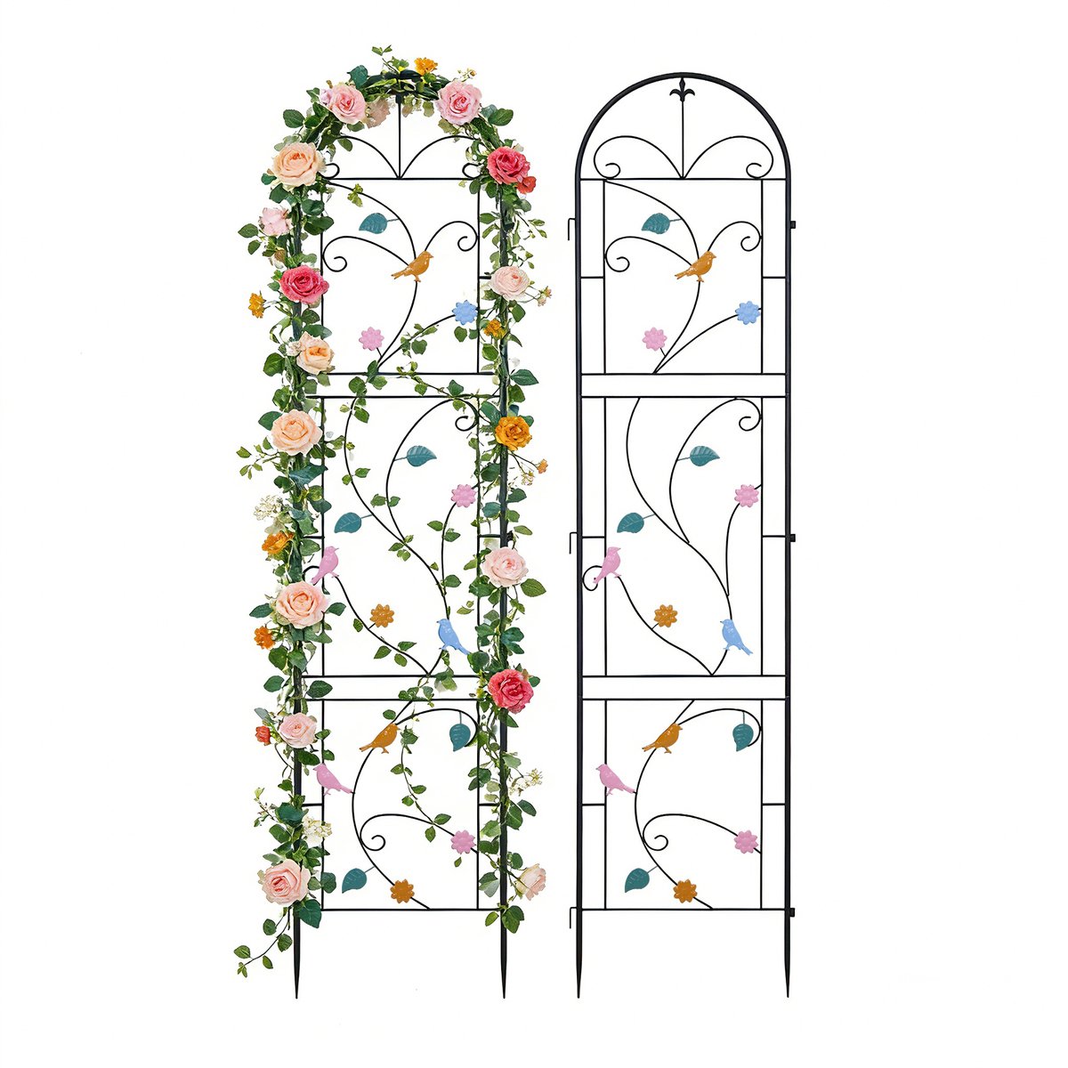 unho Tuinklimrek - Set van 2 - 214cm Hoog - Metaal - Plantensteun voor Klimplanten - Met Gekleurde Vogels & Bloemen - Antiroest - Zwart