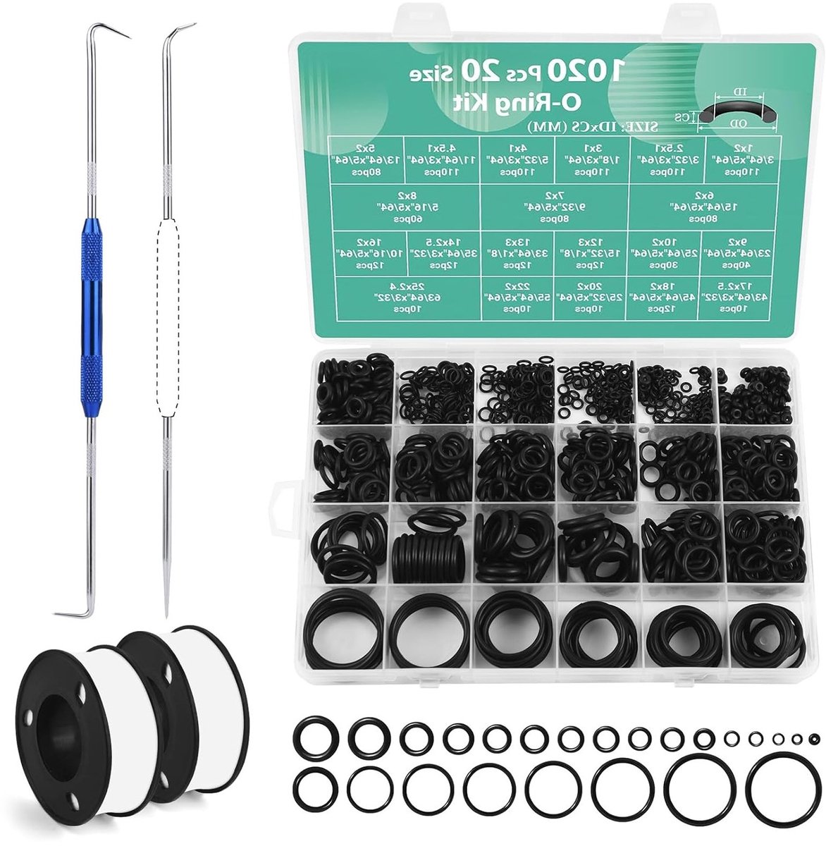 1020 Stuks O-Ring Assortiment - Set van 20 Rubber Sealing Ringen met Draadafdichtband voor Auto, Taps en Drukleidingen