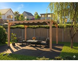 Douglas houten pergola inclusief een Harmonica schaduw doek keur Arctic White kopmaat 12 x 12 cm