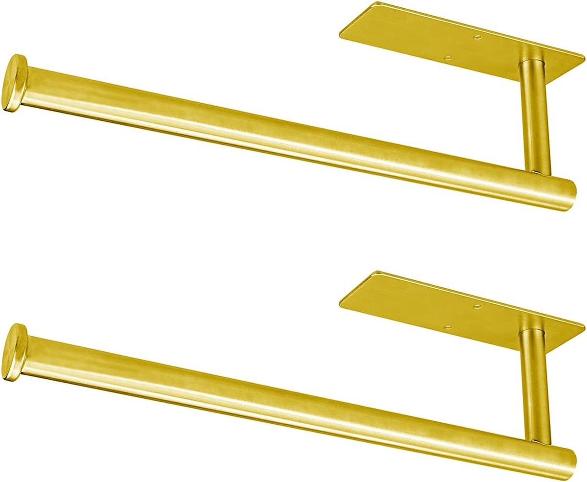 Keukenpapierhouder voor onder het aanrecht, zelfklevend of met schroeven, roestvrij staal, goud, set van 2, ideaal voor keukenorganisatie en ruimtebesparing