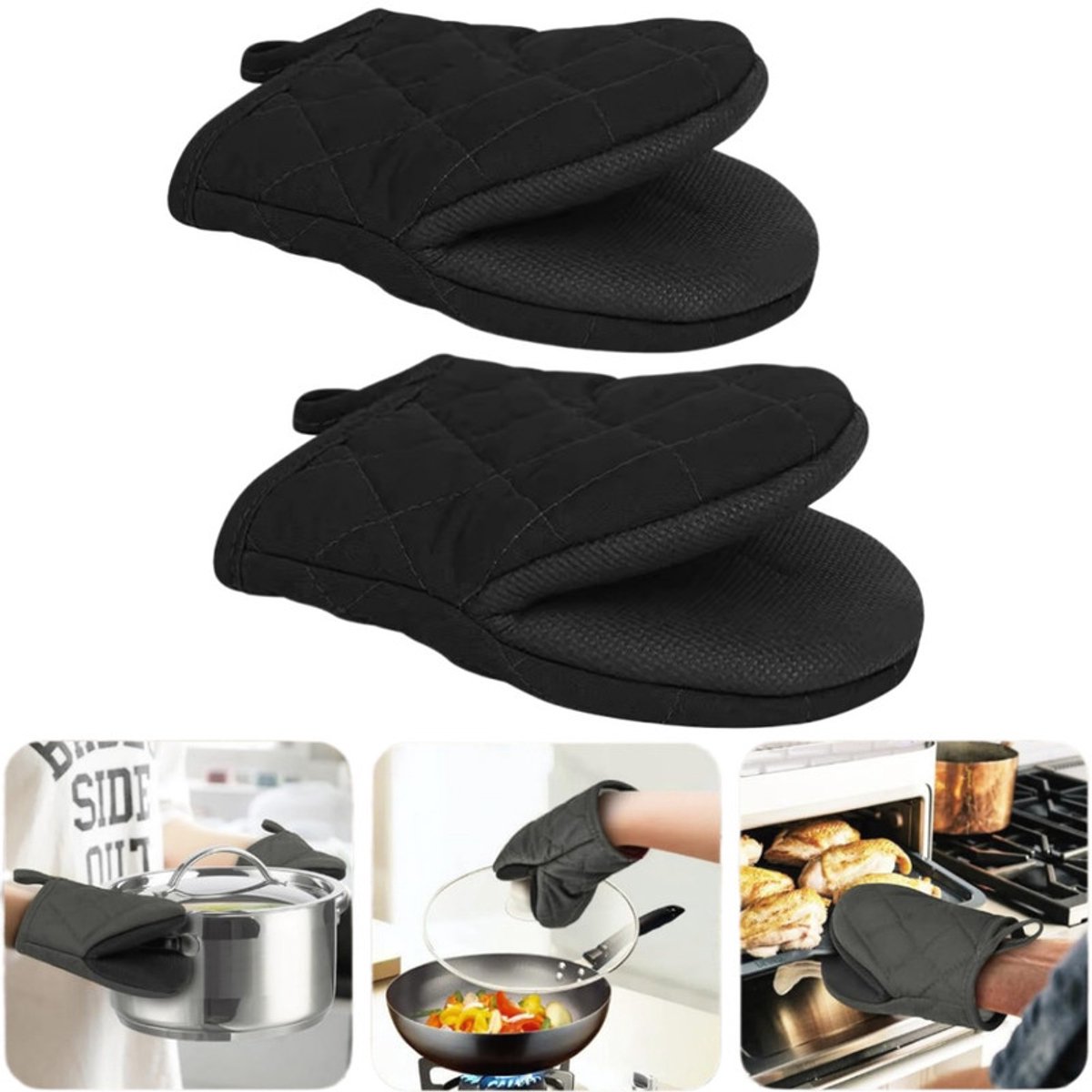 2 stuks - Ovenwanten - Ovenhandschoenen - Antislip bakhandschoenen - Hittebestendige handschoenen - Korte ovenwanten - Katoenen voering - Herbruikbaar - Bakgerei - Zwart- 20*14,5 cm - Geschikt voor grillen, bakken en koken