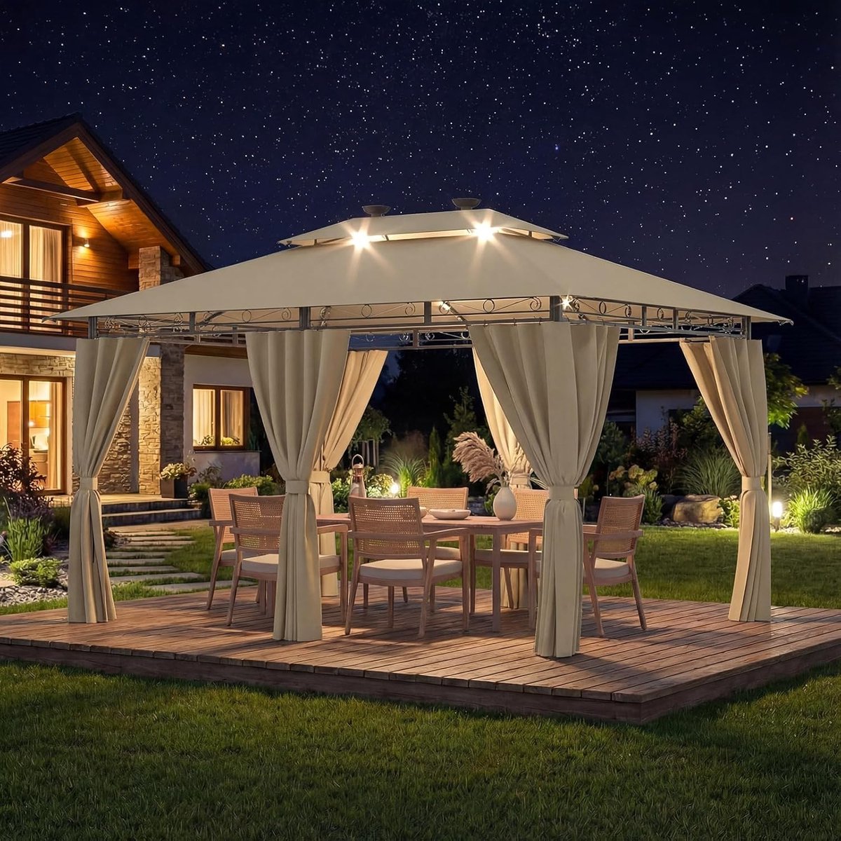Tuinhuis Paviljoen 3x4m Luxe LED Partytent met Zijwanden – Waterdicht, UV50+ Bescherming, Winterbestendig, Dubbel Dak, Solar & USB Verlichting met Afstandsbediening – 8-14 Personen – Nicolehome