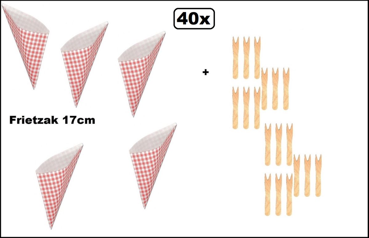 40x Friet/patat zak Boerenbont 17cm papier + 40x houten frietvorkje - friet puntzak patat friet frites bakje snack zak evenement uitdeel