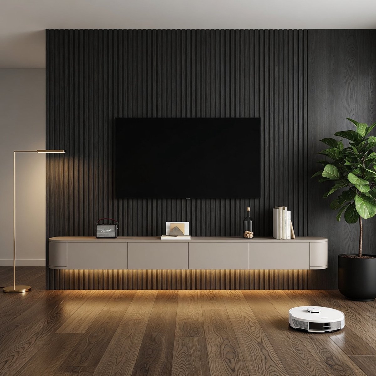 Luxe Zwevend TV Meubel 140 cm Wandgemonteerd TV-Board met Deuren & Kabelmanagement – Hangende TV Kast Mediawand voor TV tot 100 inch – Kaki – Mobili Bella