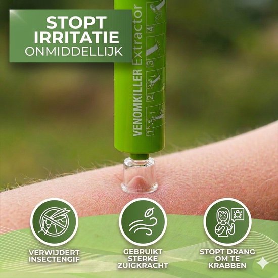 Groene Venomkiller extractor zuigt op huid. "Stopt irritatie onmiddellijk. Verwijdert insectengif."