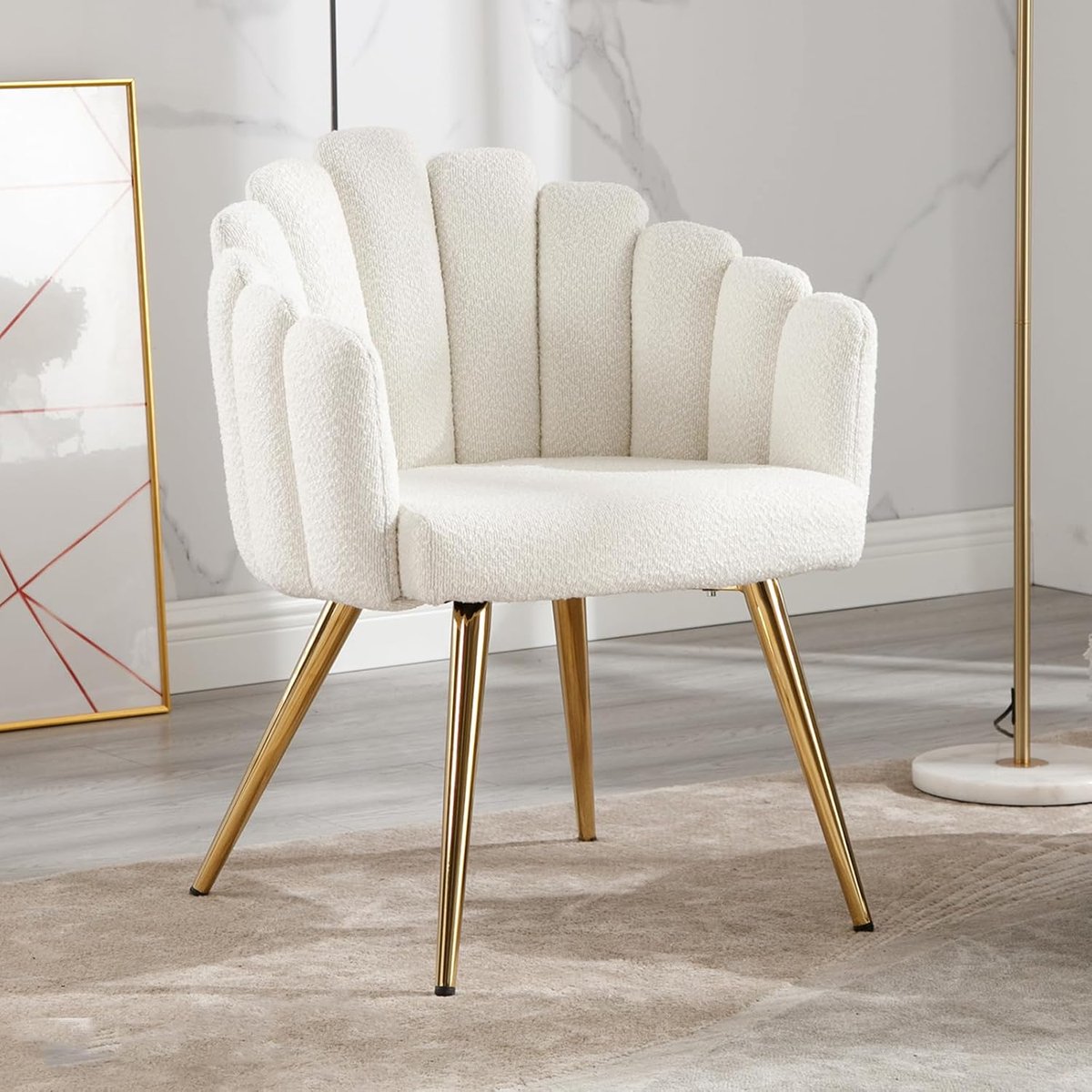 Fauteuil Stoel met Armleuningen Kunstbont - Loungestoel Woonkamer met Gouden Metalen Poten, Gestoffeerde Kaptafelstoel, Accentstoel Wit - 52x46x79 cm - Vermissen