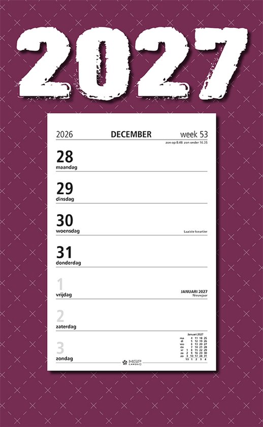 MGPcards - Week Scheurkalender 2027 - Week begint op maandag - 21 x 34 cm - Purper