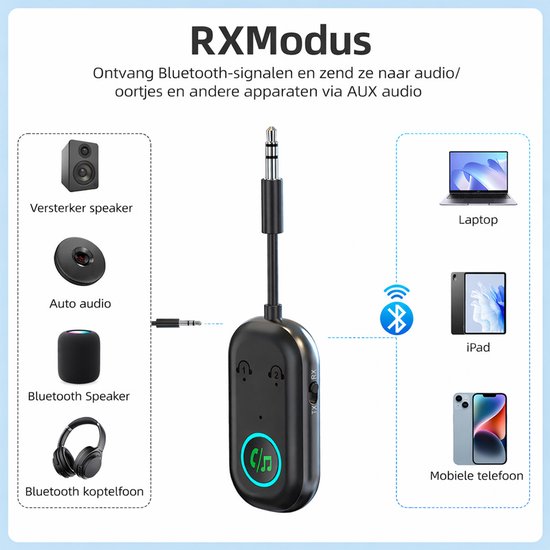 Bluetooth 5.3 AUX Adapter - 3.5mm Audio Ontvanger & Zender - Voor Auto, TV, PC, Koptelefoon - 2 Apparaten Verbinden - 13U Batterijduur van Merkloos — afbeelding 3