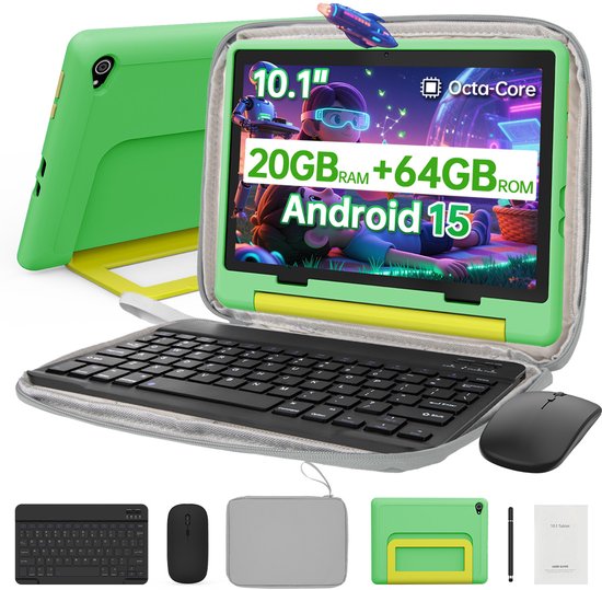 Kindertablet – 10.1 inch Tablet - Ouder Control App- Android 15 Kinder Tablet met Toetsenbord – Grijs Tablet Hoes Sleeve – Stylus - Muis – 20 GB RAM/64GB ROM – Vanaf 3 Jaar