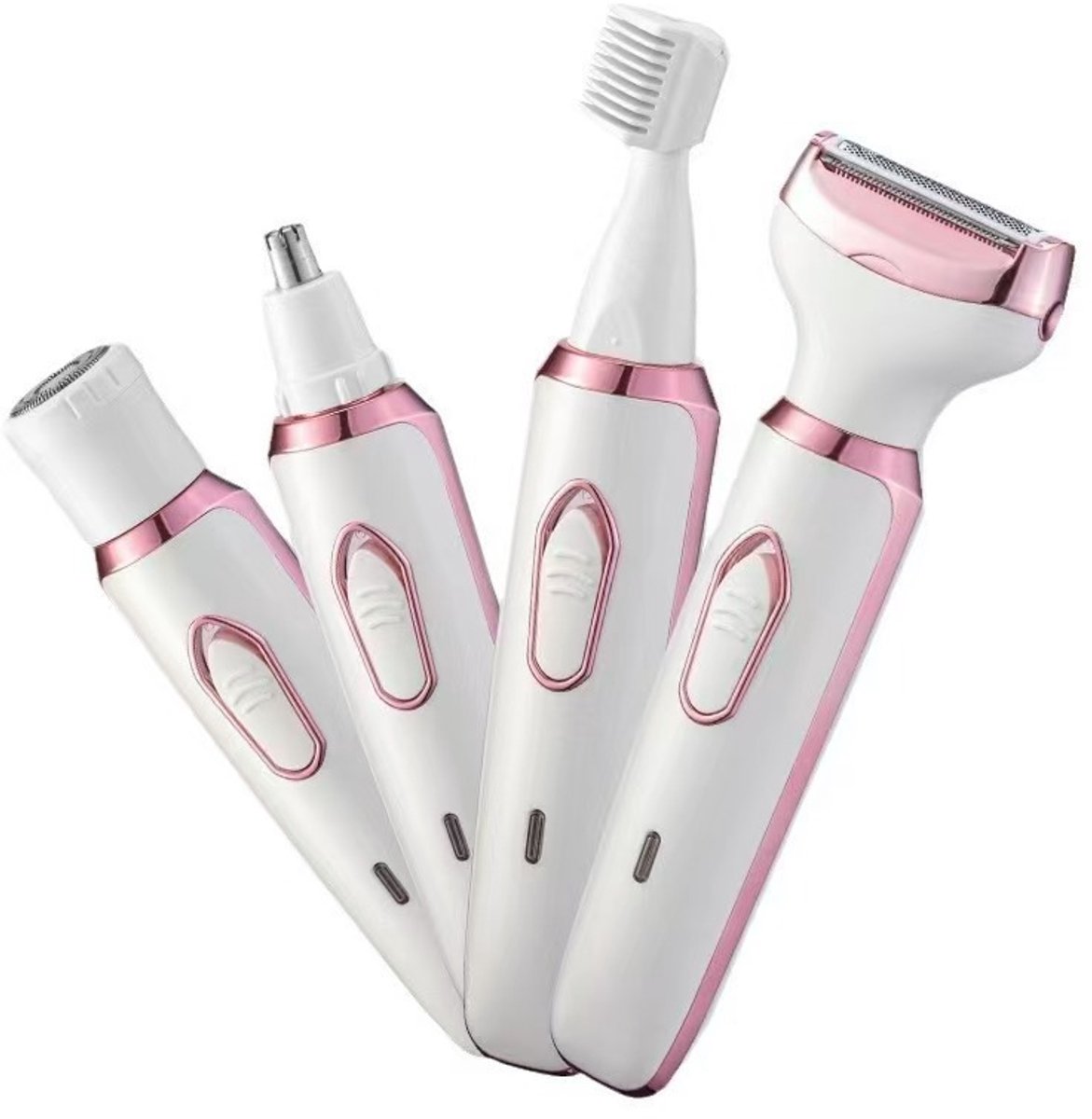 4-in-1 Oplaadbare Elektrische Ontharingsset, Multifunctionele Wenkbrauwtrimmer & Scheerapparaat voor Gezicht en Lichaam, Waterbestendige Koppen, Wit-Roségoud