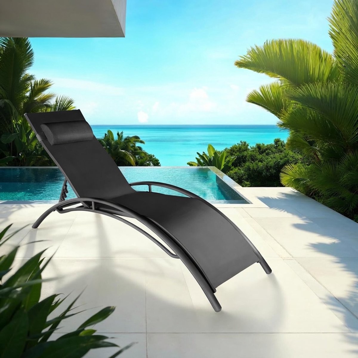 Tuinligstoel Set van 2 – Verstelbare Aluminium Ligstoelen 180x59x81,5 cm met Hoofdkussen – Weerbestendige Zonnestoelen voor Tuin, Balkon & Terras – Zwart – Nicolehome