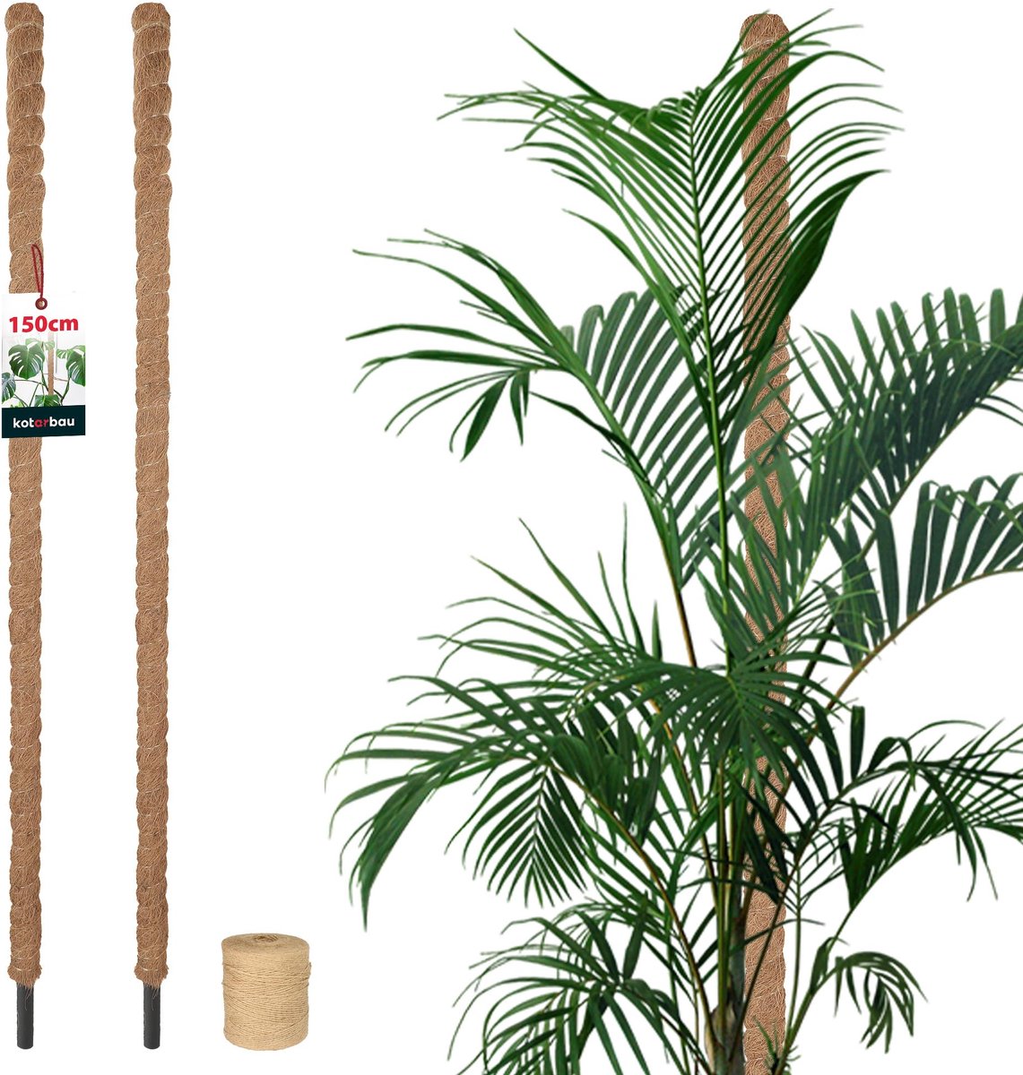 KOTARBAU® 2 st Kokosstok, Plantenstok, ⌀ 3,2 x 150 cm, Kokosstaaf, Klimhulp Monstera, Bruin, Kokosvezel, Klimhulp, Plantenstaaf, Kokosstok voor Monstera, Kokosstaaf voor Klimplanten