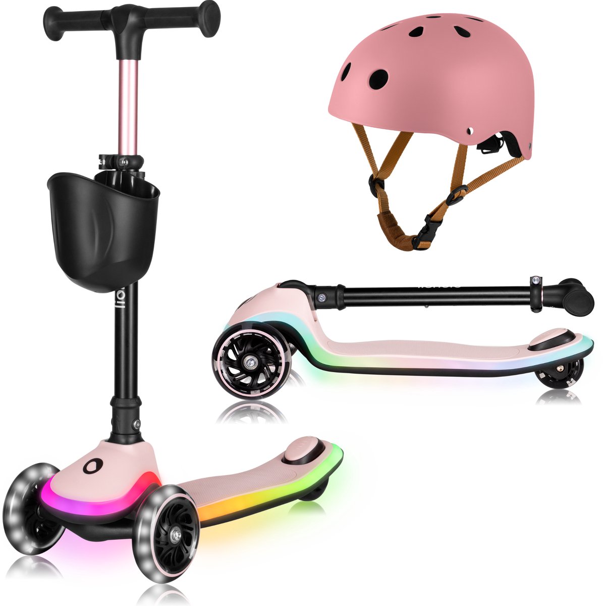 Lionelo Mey Kinderstep + Fietshelm - LED-verlichting in wielen & voetplateau – Inklapbaar stuur – Antislip deck – Mandje – ABEC-7 lagers – 4 hoogteposities – Tot 50 kg – Vanaf 3 jaar – Ergonomisch – Rem – Direct gebruiksklaar
