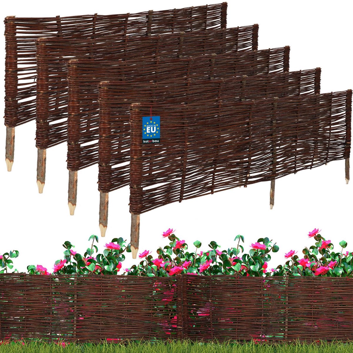 KOTARBAU® 5 st Bloembedrand, Wilgenhouten Hek, Beeteinfassing, 120 x 40 cm, Bruin, Tuinafscheiding, Houten Tuinhek, Schapenhek
