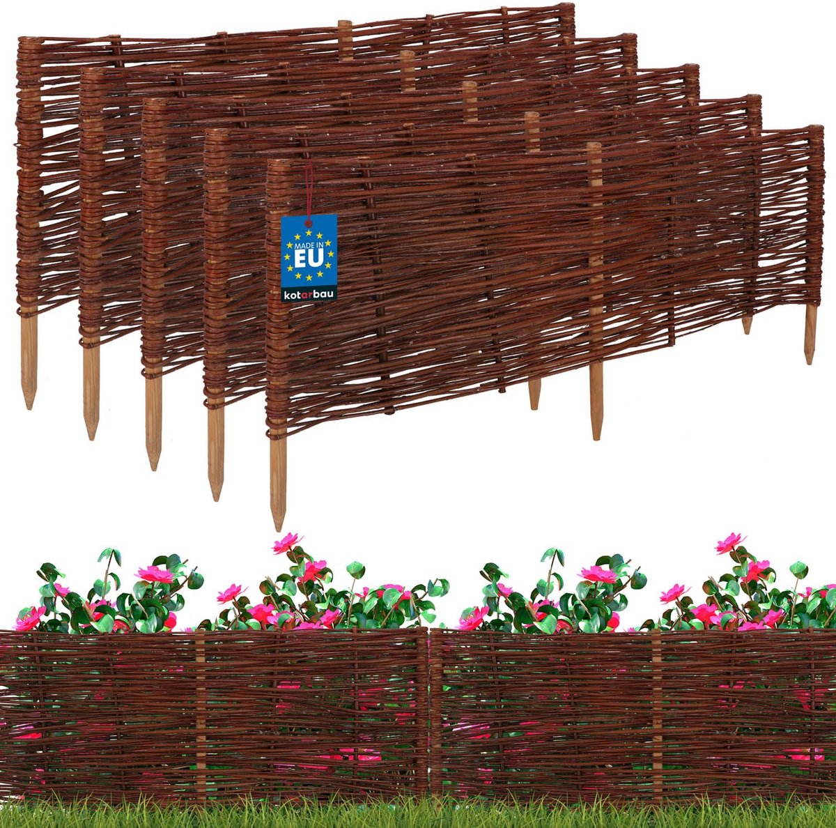 KOTARBAU® 5 st Bloembedrand, Wilgenhouten Hek, Beeteinfassing, 100 x 40 cm, Bruin, Tuinafscheiding, Houten Tuinhek, Schapenhek