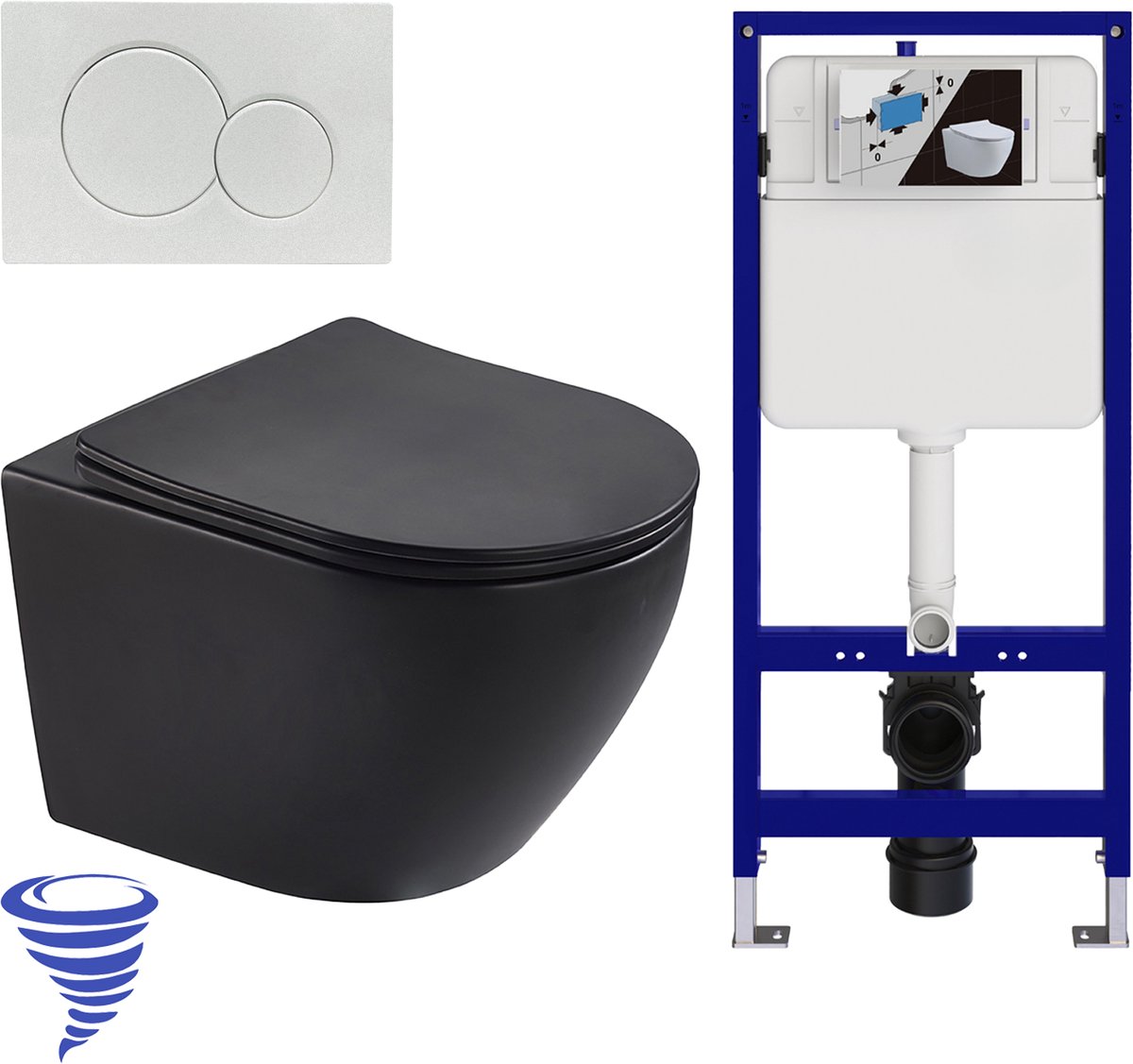 LOMAZOO Hangtoilet met Inbouwreservoir - Rond Zwart - Drukplaat Rond Wit - Linea