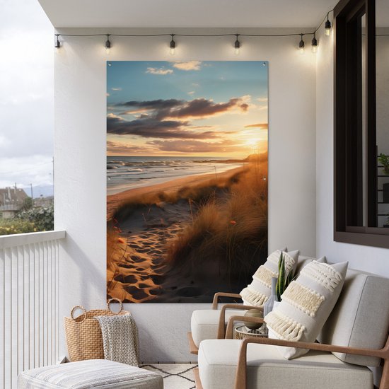 Tuinposter 120x180 cm - Tuindecoratie Strand - Zonsondergang - Duinen - Zee - Zand - Poster voor in de tuin - Buiten decoratie - Schutting tuinschilderij - Tuindoek muurdecoratie - Wanddecoratie balkondoek