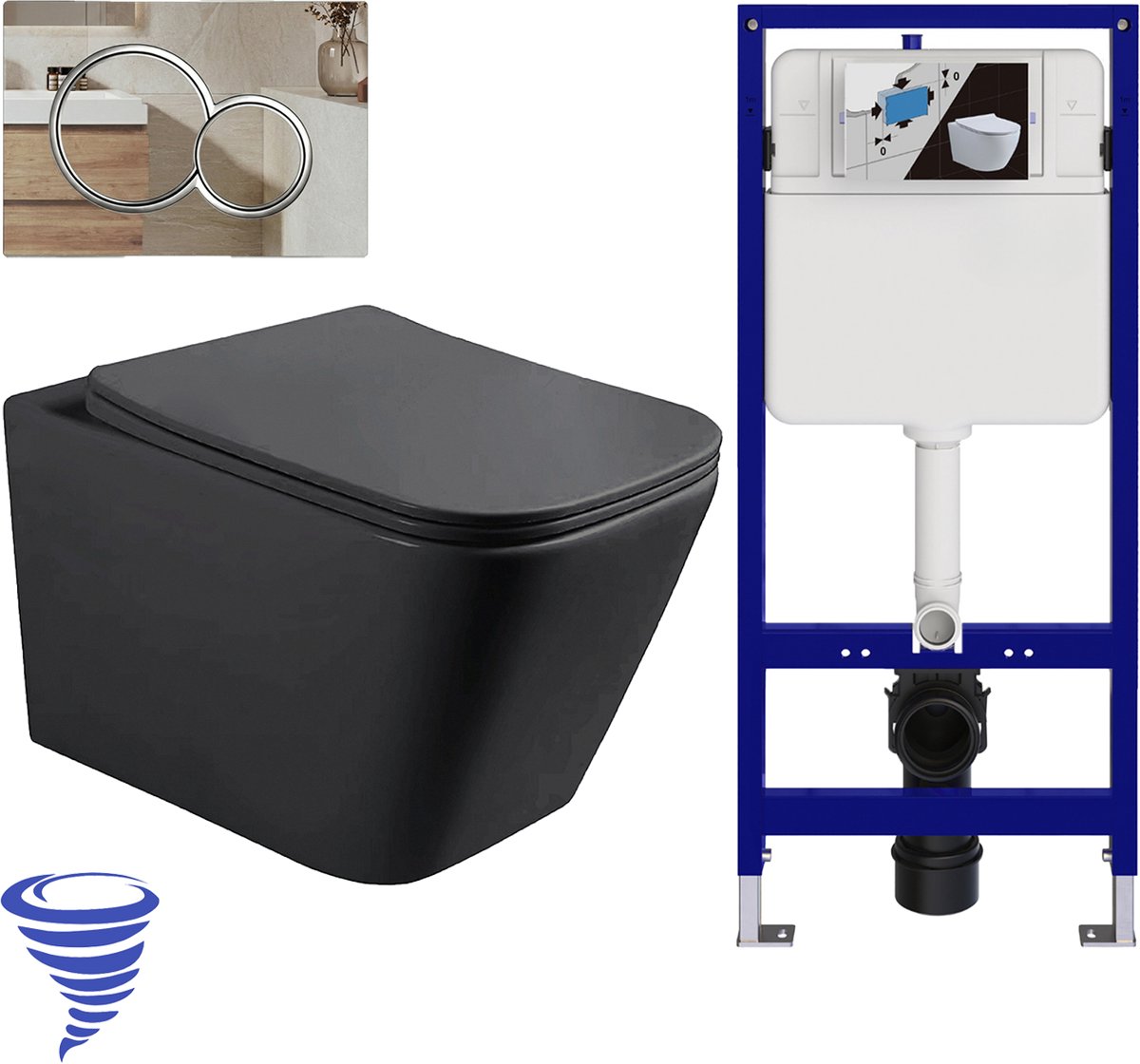 LOMAZOO Hangtoilet met Inbouwreservoir - Vierkant Zwart - Drukplaat Rond Chroom - Linea