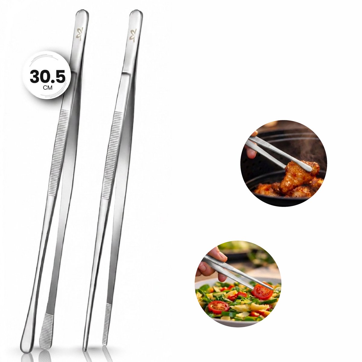 Keukenpincet RVS Set 2 Stuks – 30,5 cm – Pointed & Round – Vleestang & Keukentang voor BBQ en Dagelijks Gebruik - Zilver
