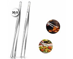 Keukenpincet / Kookpincet RVS Set 2 Stuks – 30,5 cm – Pointed & Round – Vleestang & Keukentang voor BBQ en Dagelijks Gebruik - Zilver