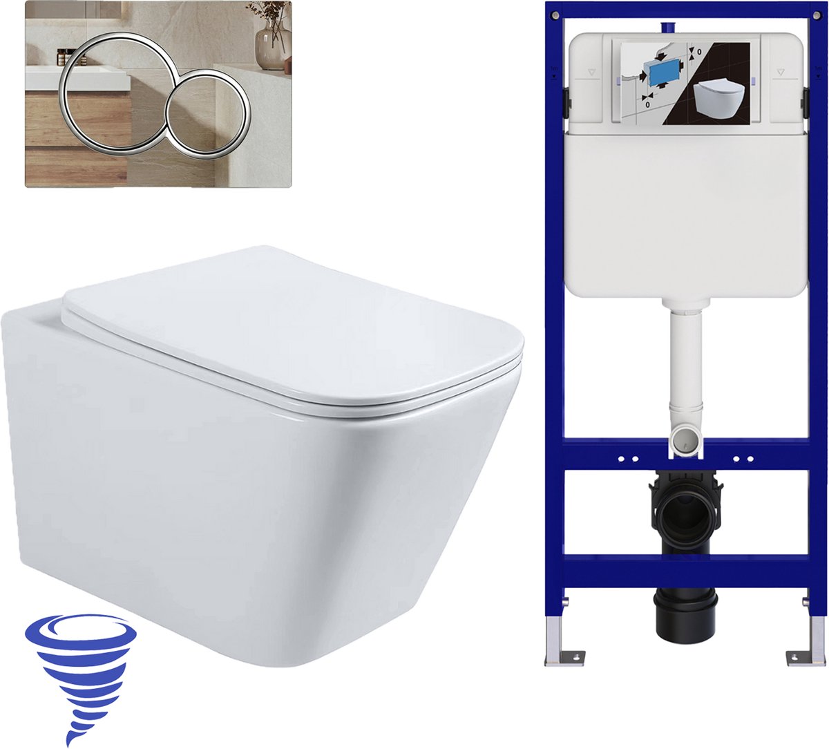 LOMAZOO Hangtoilet met Inbouwreservoir - Vierkant Wit - Drukplaat Rond Chroom - Linea