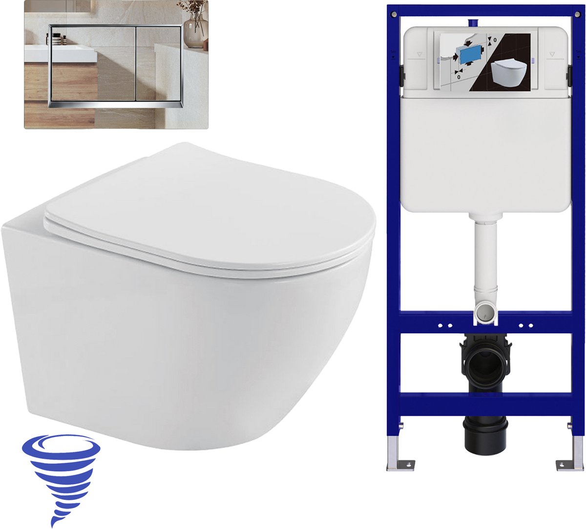 LOMAZOO Hangtoilet met Inbouwreservoir - Rond Wit - Drukplaat Vierkant Chroom - Linea