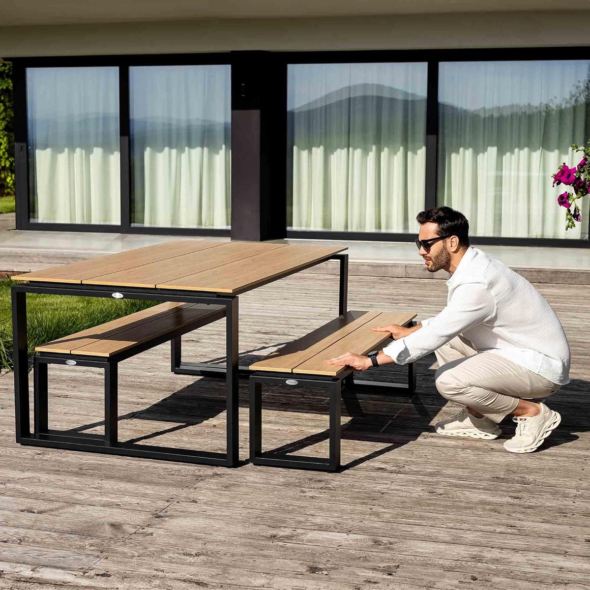 Tuinbank 3-zits – Meuble Paris Pisa Luxe Aluminium Tuinbank Beige Houtlook – Weerbestendig, Lichtgewicht & Duurzaam – 160 cm – Voor Tuin, Balkon & Terras