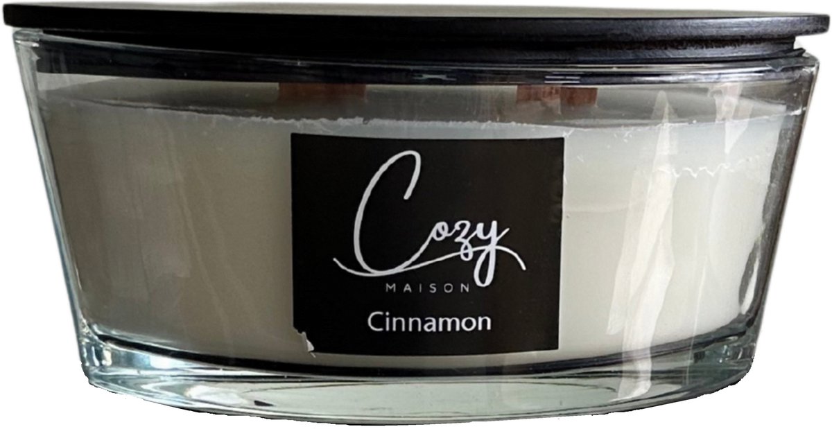 Cozy Maison Ellipse Geurkaars – 2 houten lonten – Cinnamon – Geurkaars in glazen pot met deksel