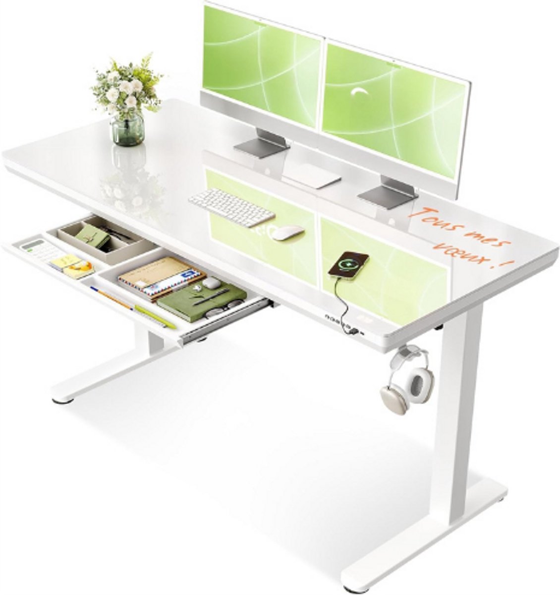 OffiGo Glazen Elektrisch Sta-Zit Bureau 140x60 Cm - In Hoogte Verstelbaar Met Lade En Stopcontact - Luxe Glazen Werkblad - Ergonomisch Standing Desk Voor Thuis En Kantoor - Wit