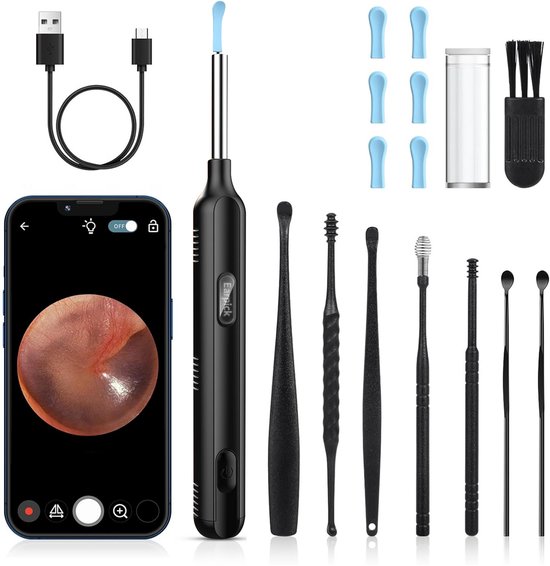 Oorreiniger met camera, diverse opzetstukken, USB-C kabel, schoonmaakborsteltje en telefoon met weergave van een oor.